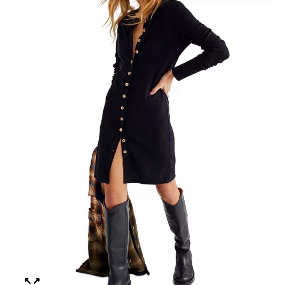 We The Free Women’s Black Ribbed Crew Neck Long Sleeve Button Up Mini Dress Sz S